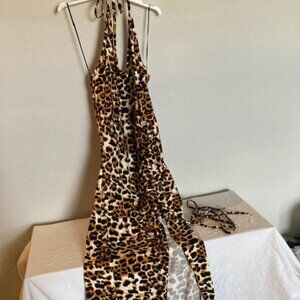 Capella Leopard Print Midi Dress – Sleeveless Halter, Size L, NWT BD3419